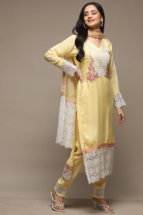 Pastel Yellow Muslin Lace Unstitched Suit Set image number 7