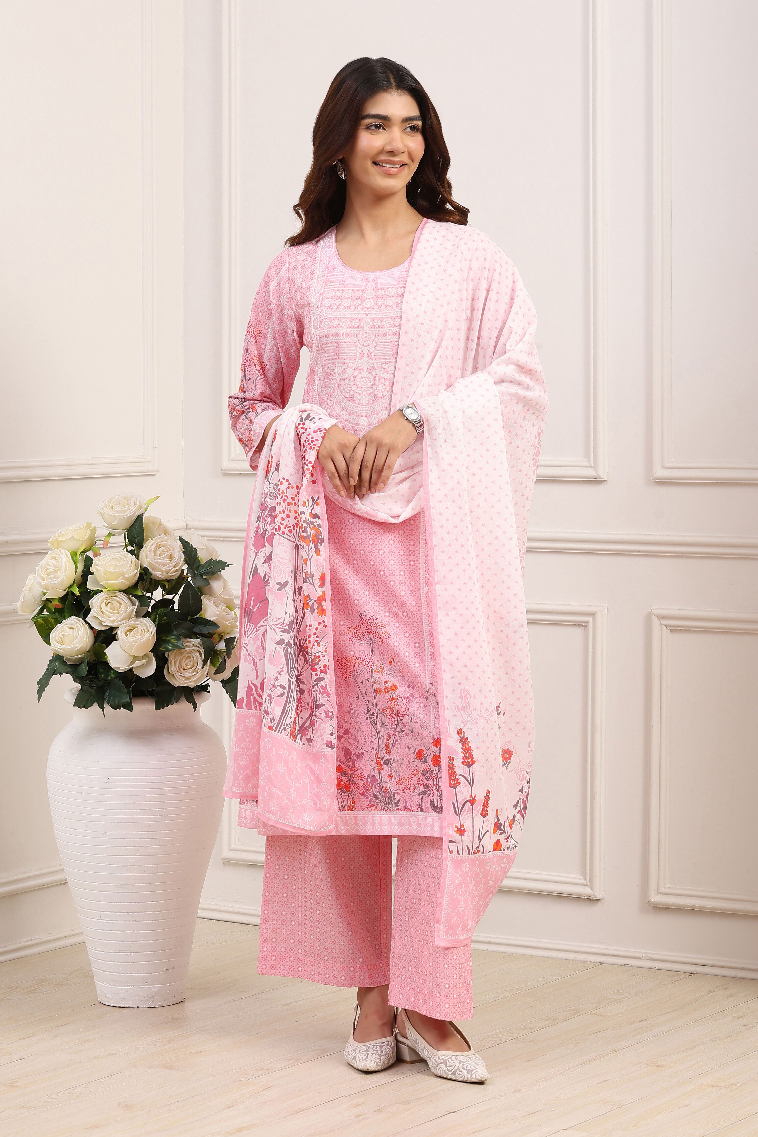 Pink Cotton Straight Kurta Palazzo Suit Set image number 6