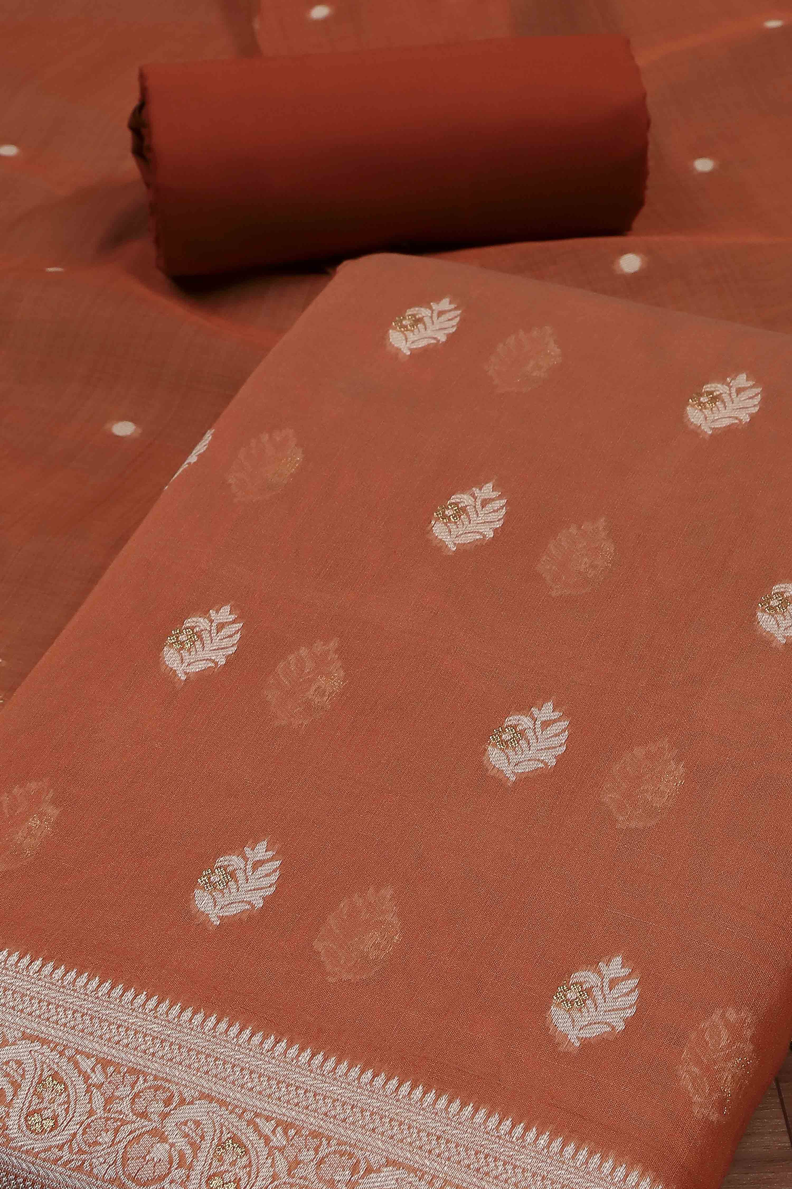 Rust Cotton Jamdani Unstitched Suit Set image number 1