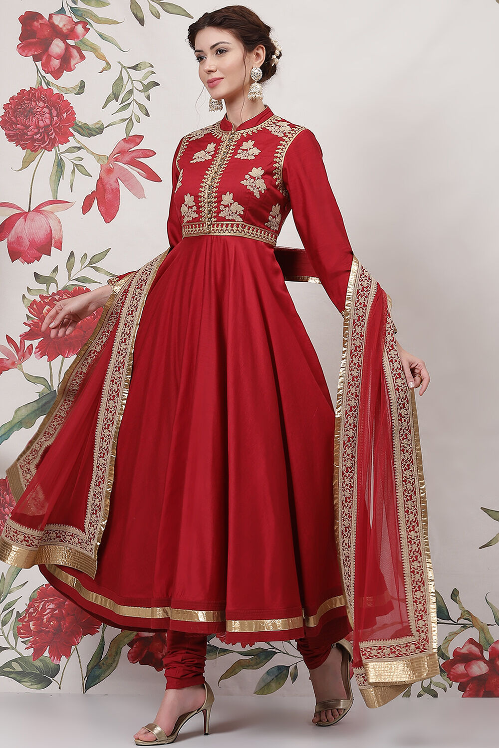 Red Cotton Silk Anarkali Yarndyed Suit Set image number 5