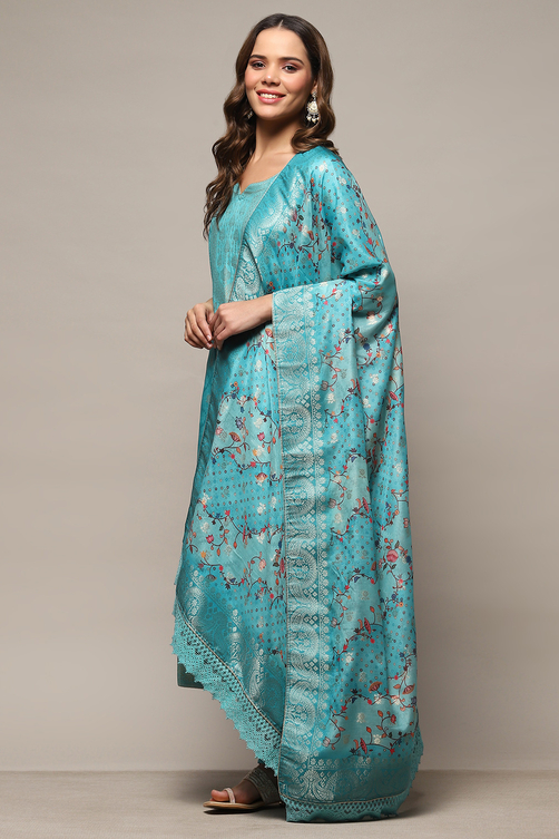 Green Cotton Blend Unstitched Suit Set image number 5