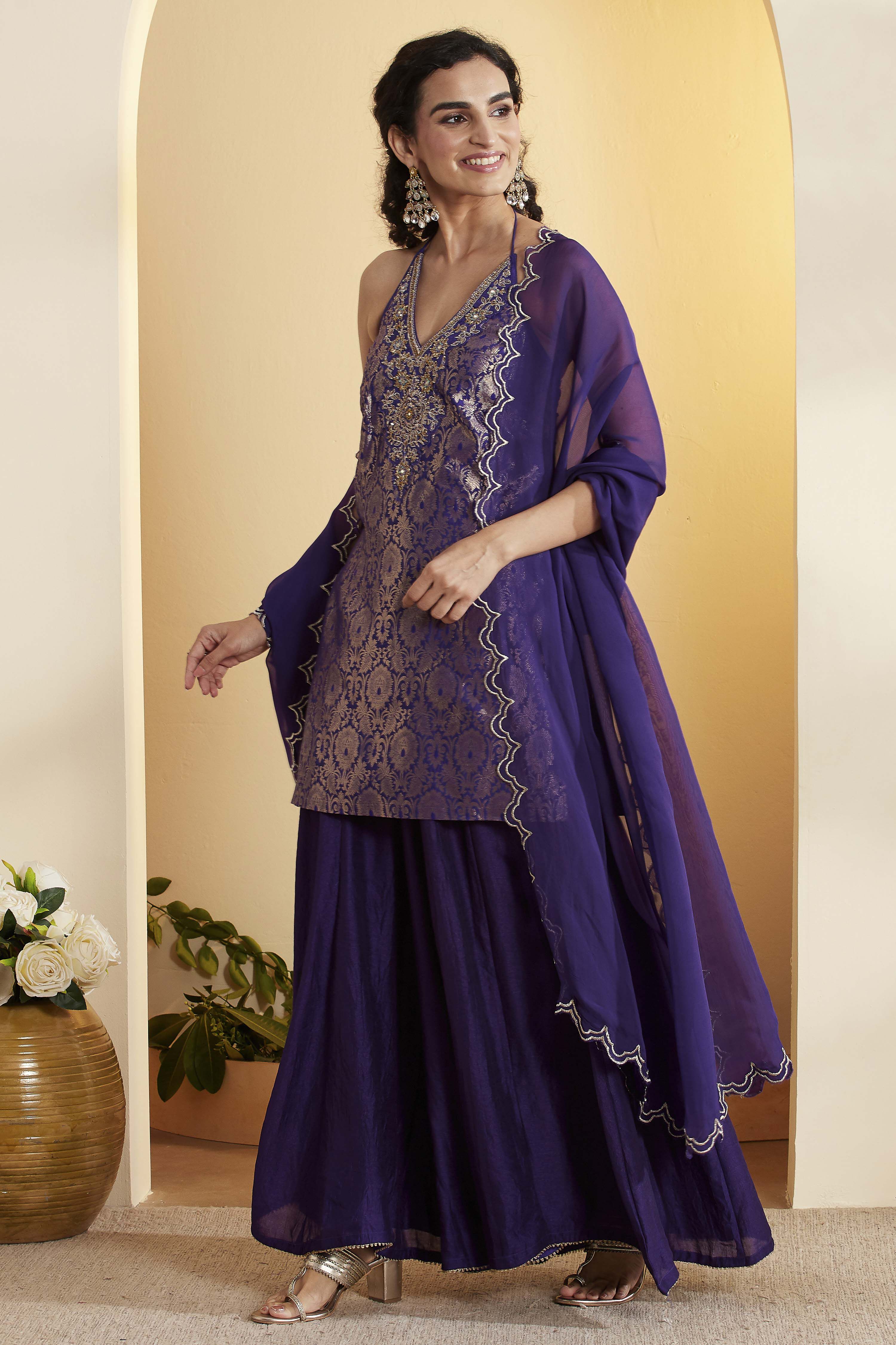 Violet Blue Viscose Rayon Halter Neck Sharara Set image number 3