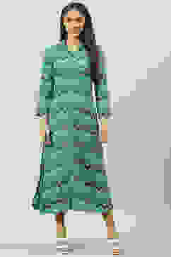 Turquoise Chevron Block Printed Shirt-Style Flared Dress image number 5