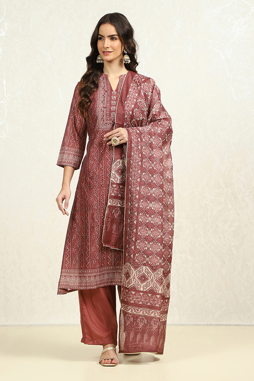 Maroon Chanderi Bandhani Printed Unstitched Suit Set image number 7