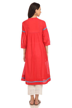 Red A-Line Cotton Solid Kurta image number 4