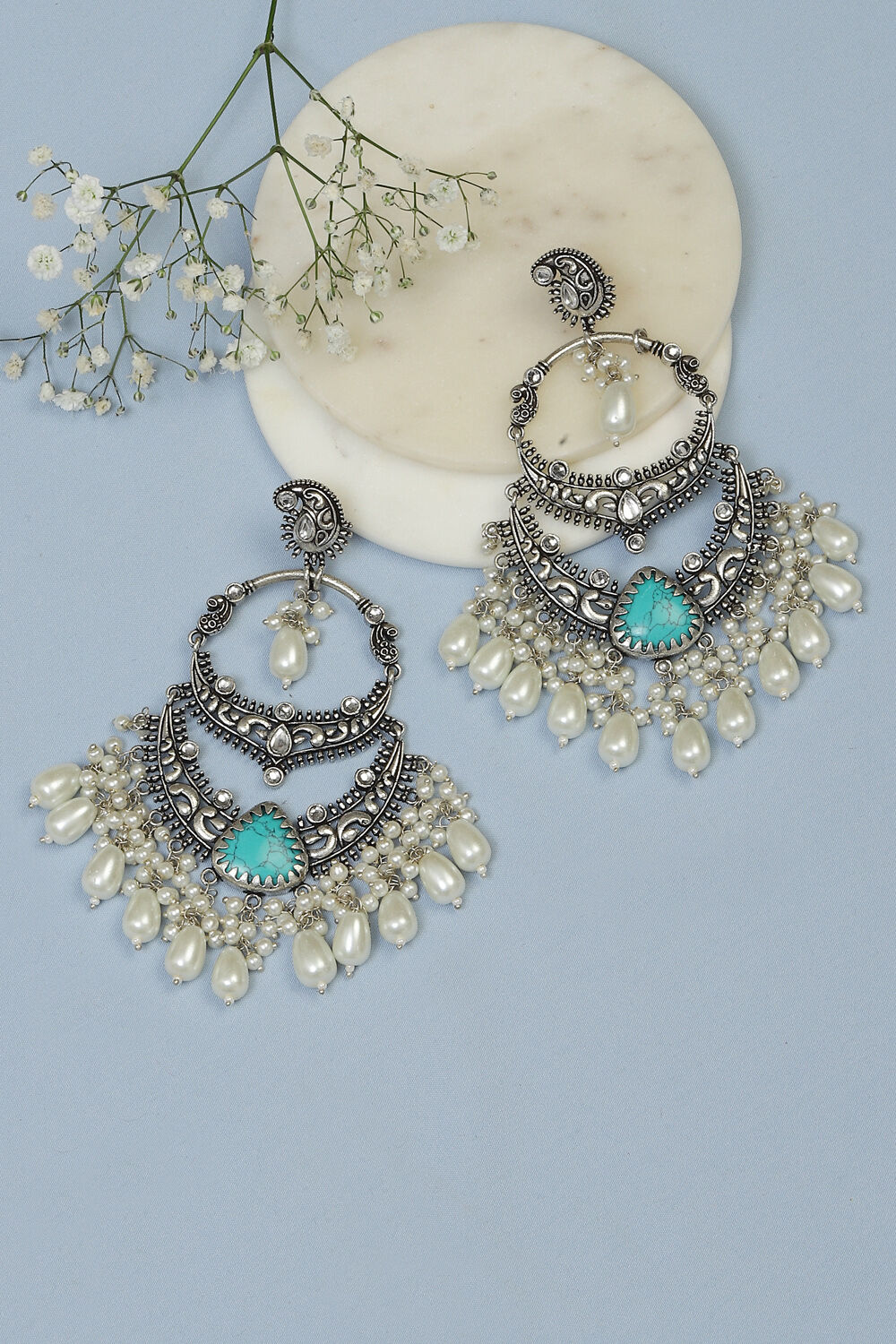 Oxidised & Turquoise Brass Earrings image number 0