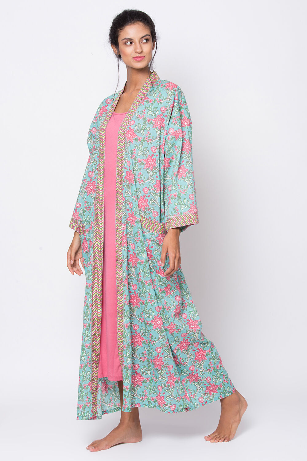 Buy Teal And Pink Cotton Printed Sleepwear Robe Online at Biba India