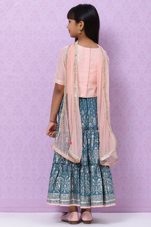 Peach And Teal Straight Poly Cotton Girls Lehenga Set image number 7