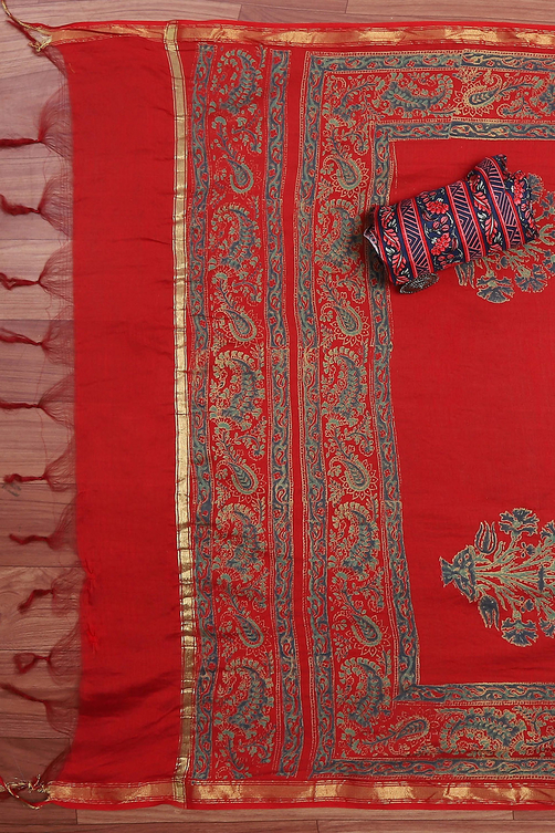 Blue Viscose Muslin Screen Print Unstitched Suit Set image number 3