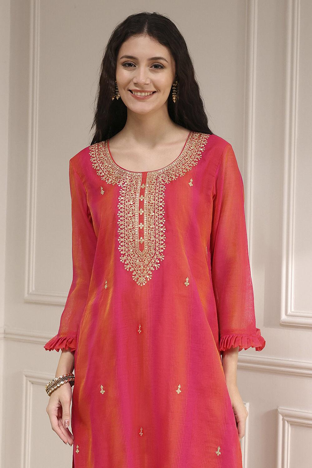 Pink Chanderi Machine Embroidered Unstitched Suit Set image number 2