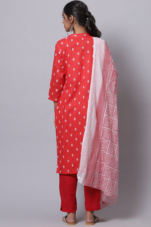 Red Cotton Unstitched Dress Material Suit Set image number 4