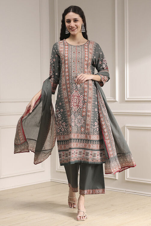 Grey Cotton Straight Printed Suit Set image number 6