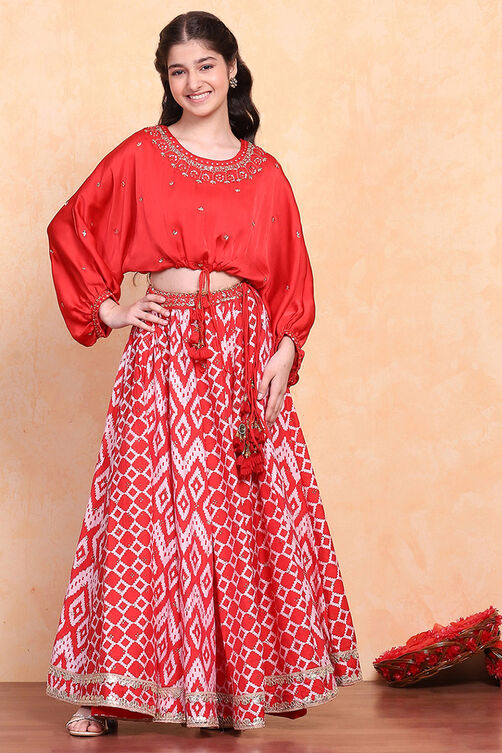 Red Polyester Lehenga Set image number 6
