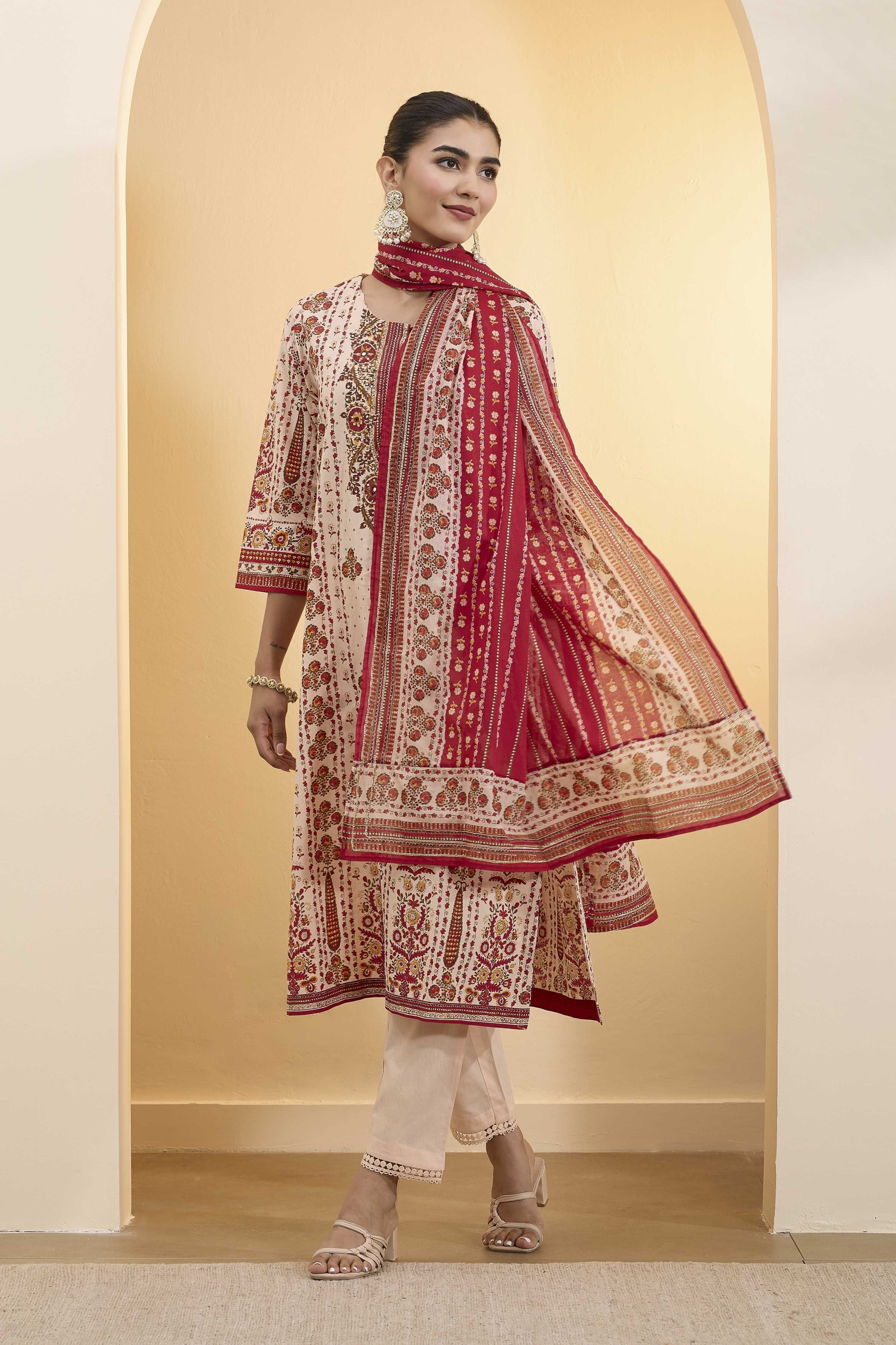 Beige Cotton Straight Kurta image number 3