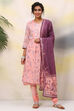 Pink Cotton A-Line Kurta Churidar Suit Set image number 0
