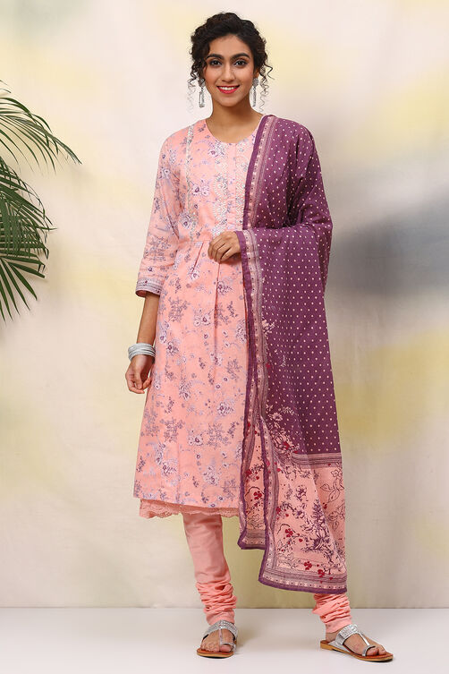 Pink Cotton A-Line Kurta Churidar Suit Set image number 0