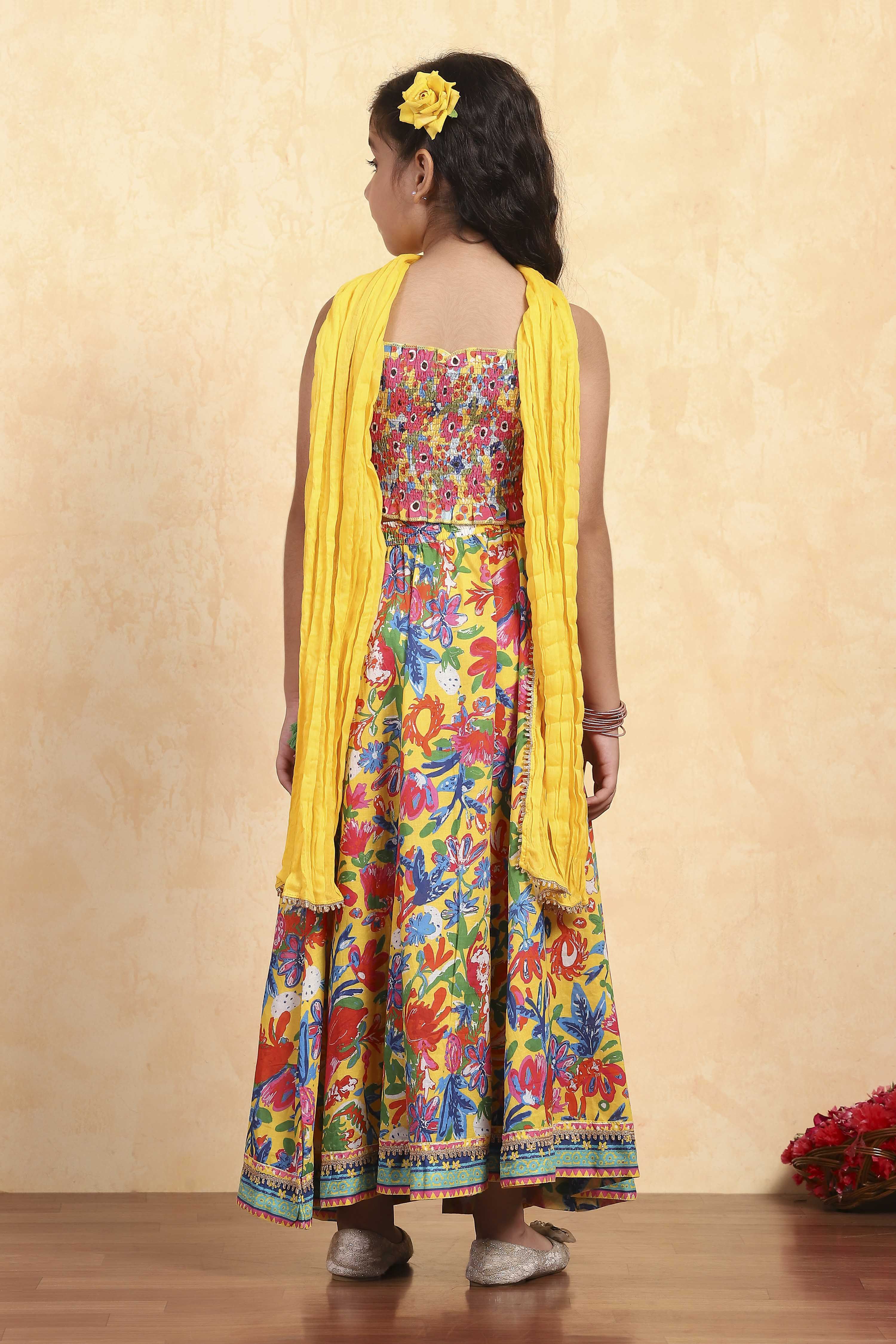 Yellow Viscose Rayon Flared Printed Lehenga Set image number 4