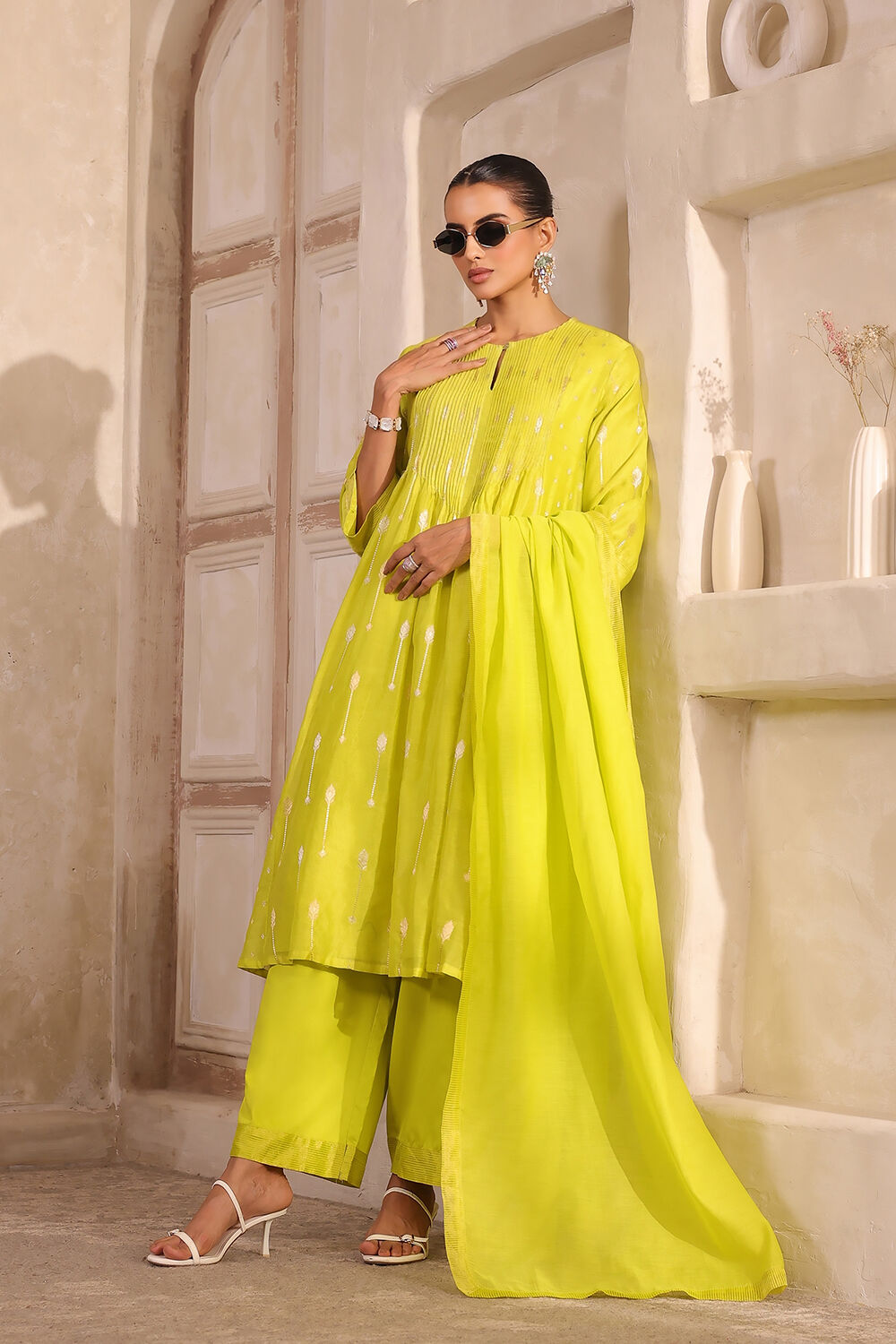 Lime Green Silk Printed Gathered Suit Set image number 6