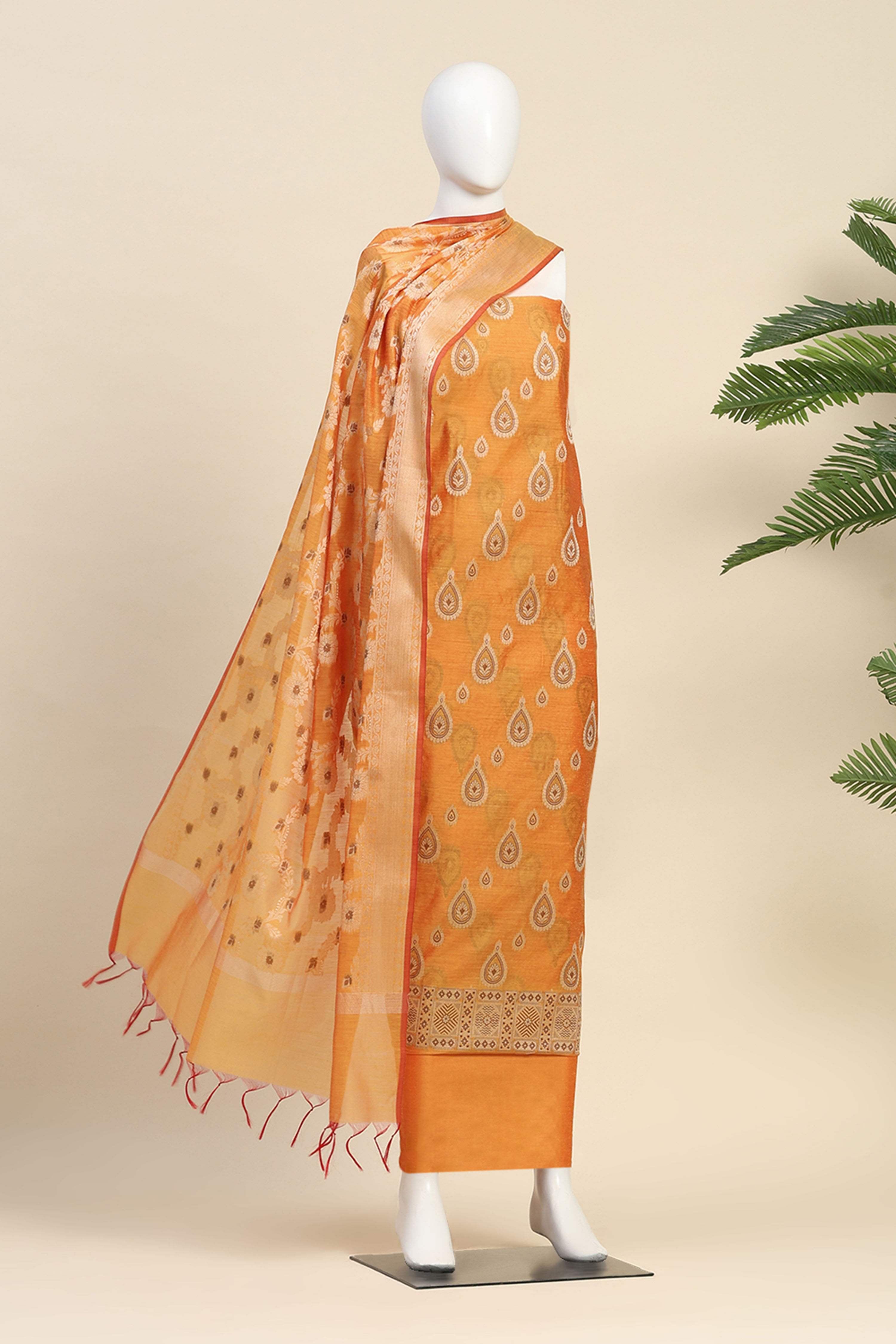 Mustard Poly Silk Banarasi Unstitched Suit Set image number 4