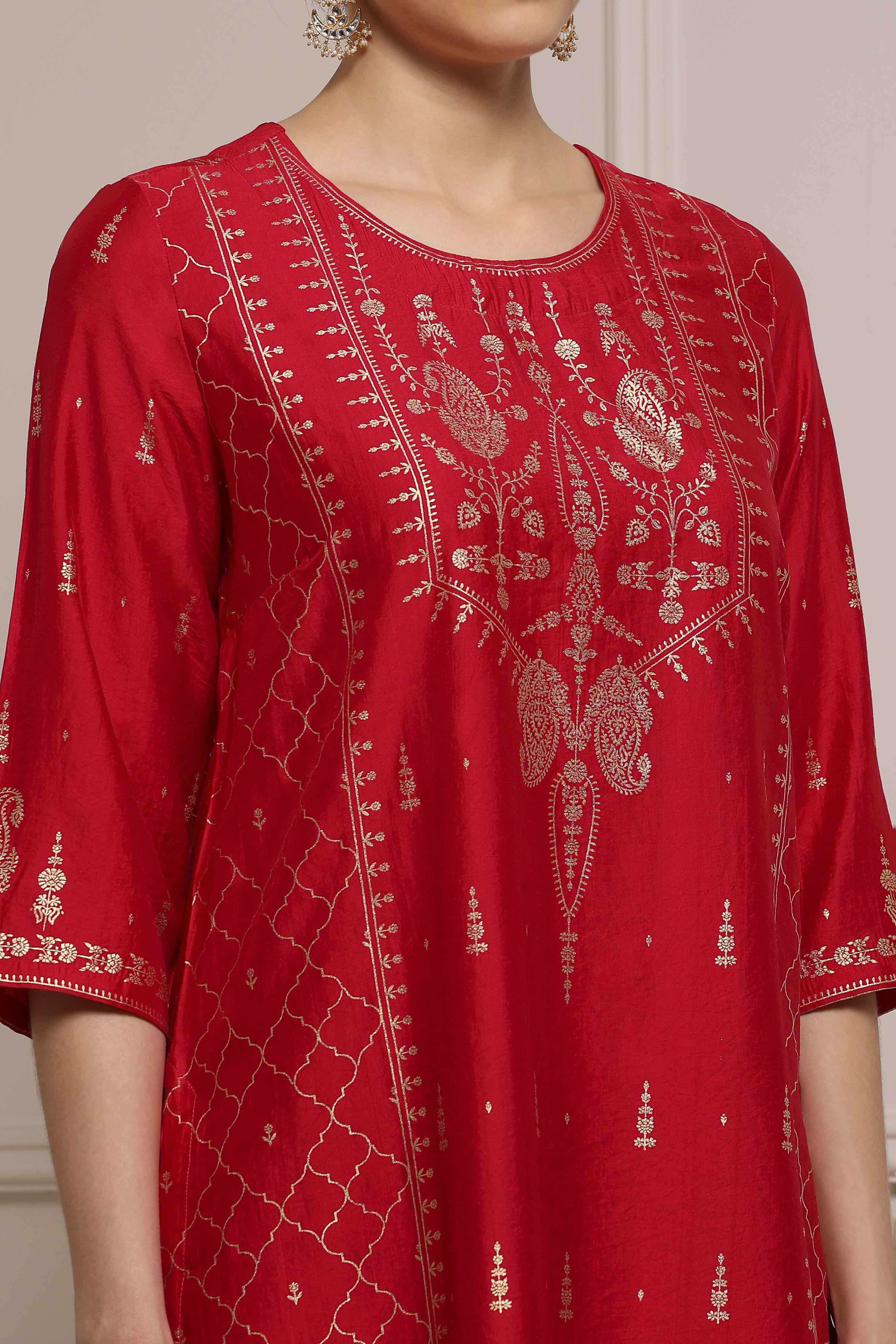 Red Art Silk Printed Straight Kurta image number 1