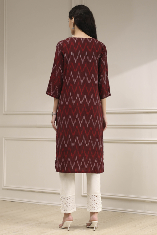 Maroon Cotton Ikat Straight Kurta image number 3