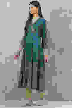 Teal Rayon Flared Printed Kurta image number 2