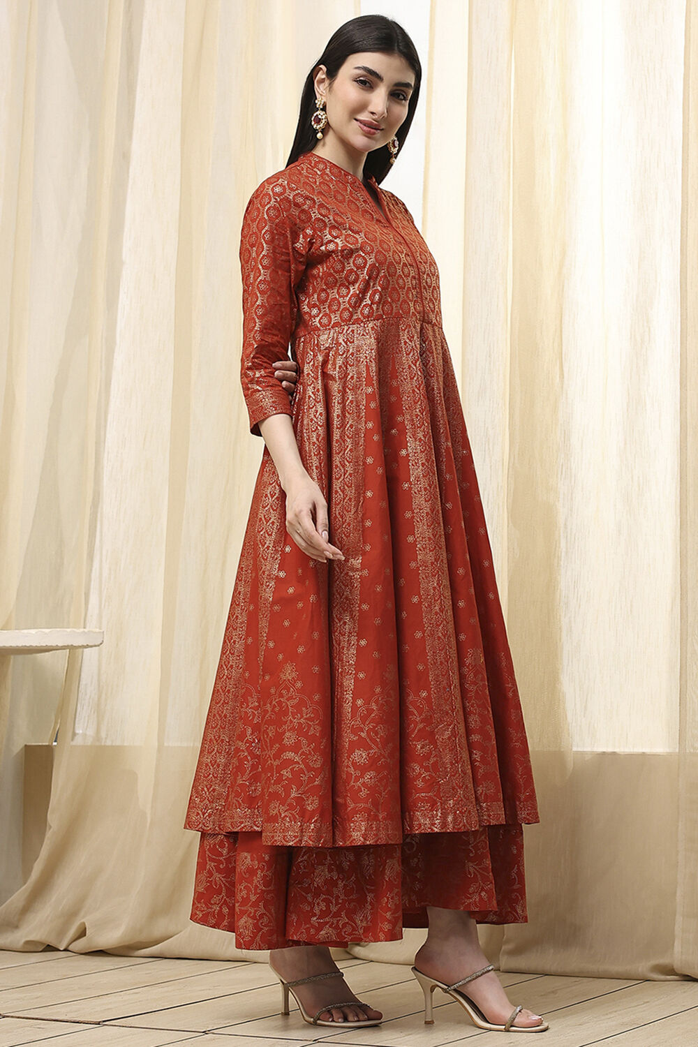 Terracotta Cotton Layered Anarkali Dress image number 2
