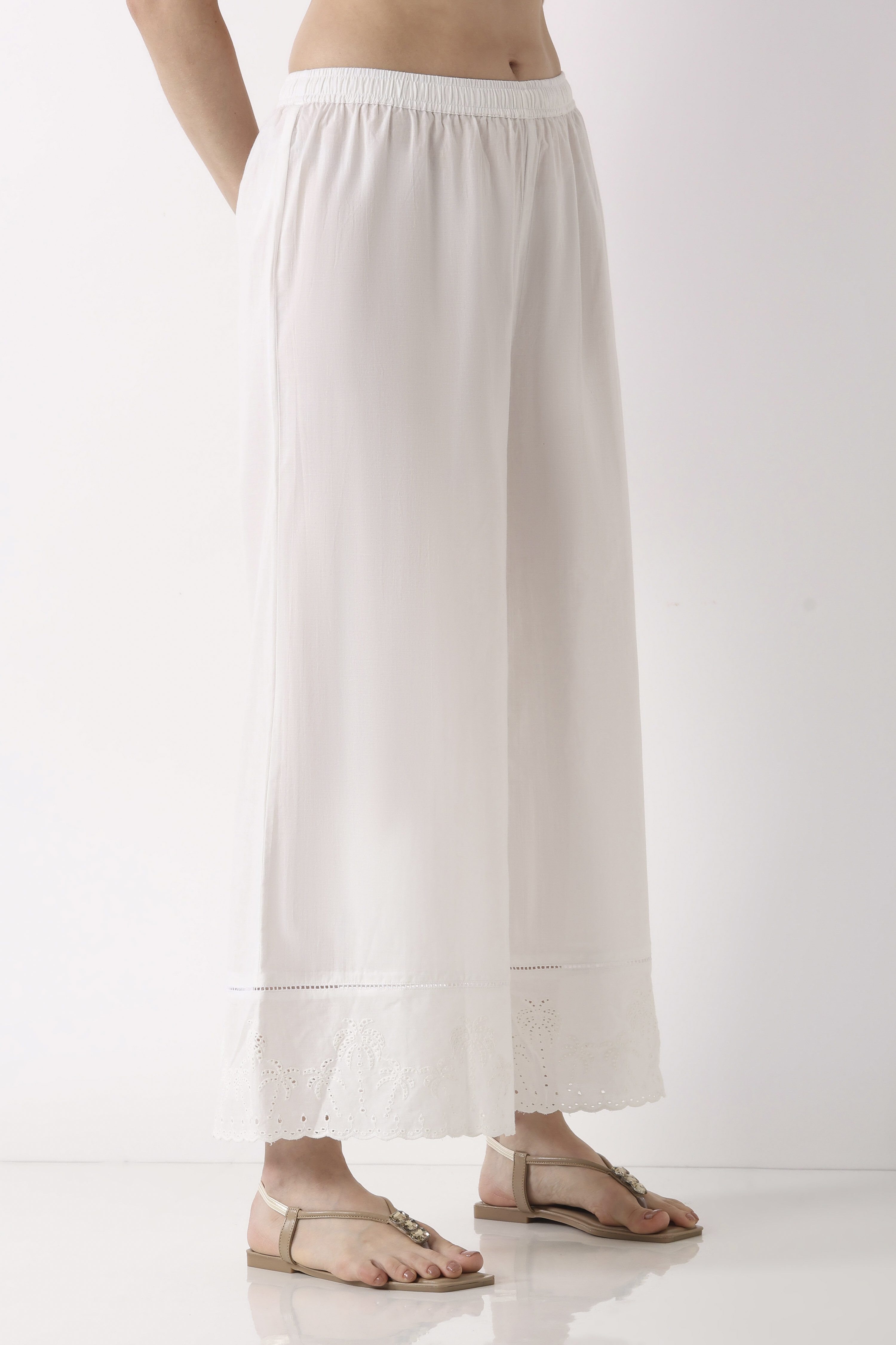 White Cotton Flared Palazzos image number 3