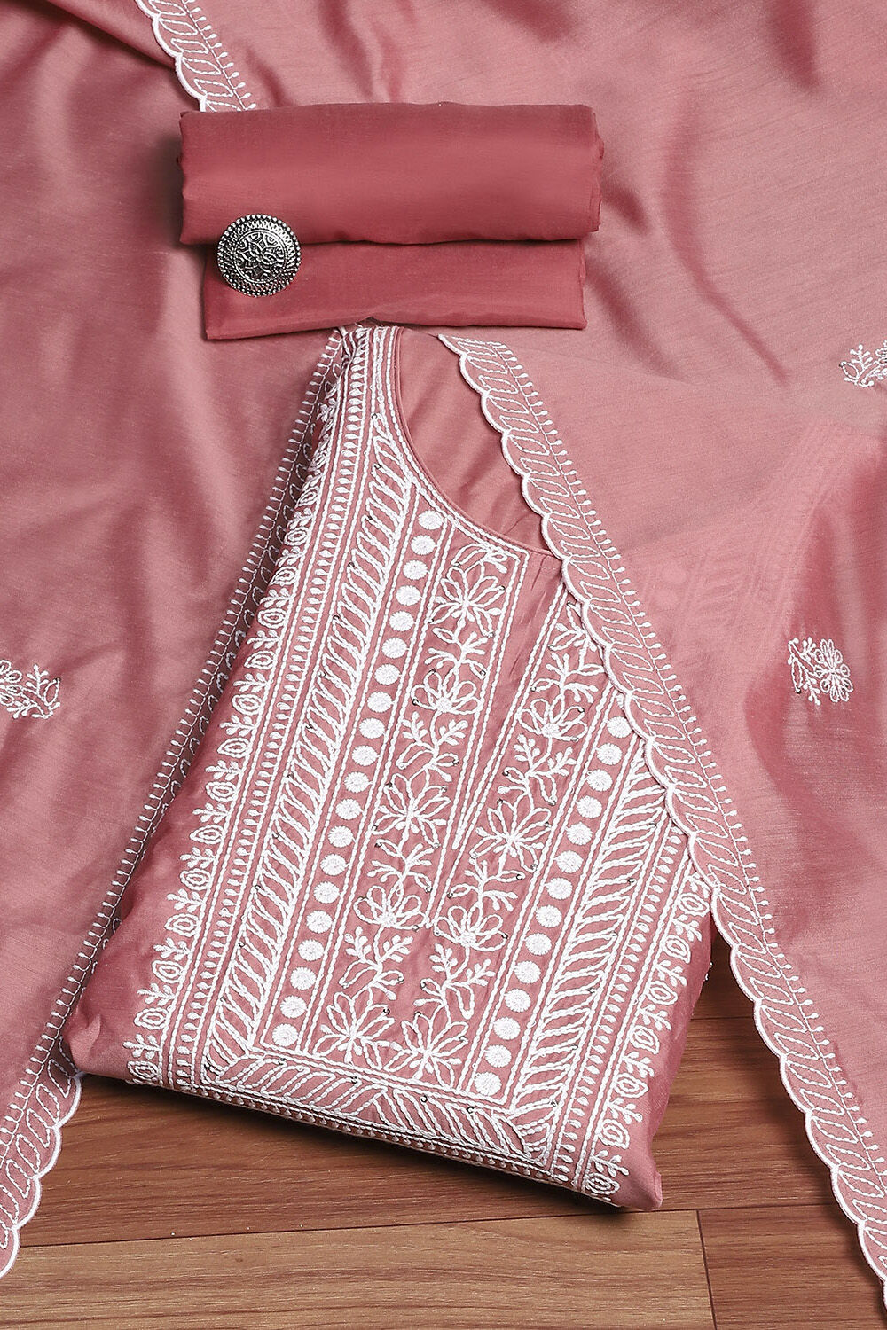 Peach Chanderi Machine Embroidered Unstitched Suit Set image number 0