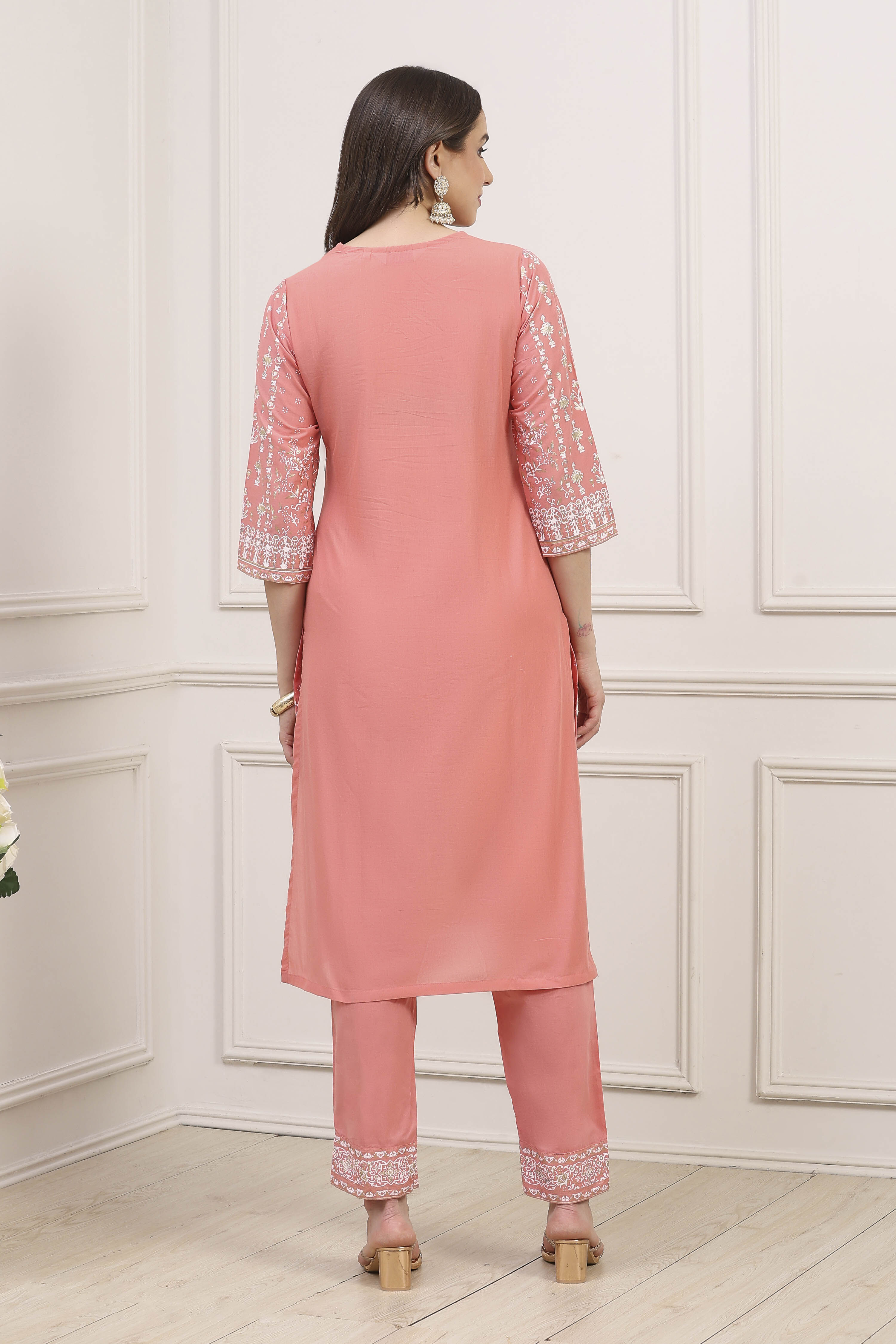 Light Coral Cotton Straight Kurta Pants Suit Set image number 4