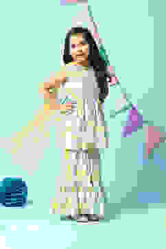 Off White & Yellow Cotton Gathered Kurta Sharara Suit Set image number 6