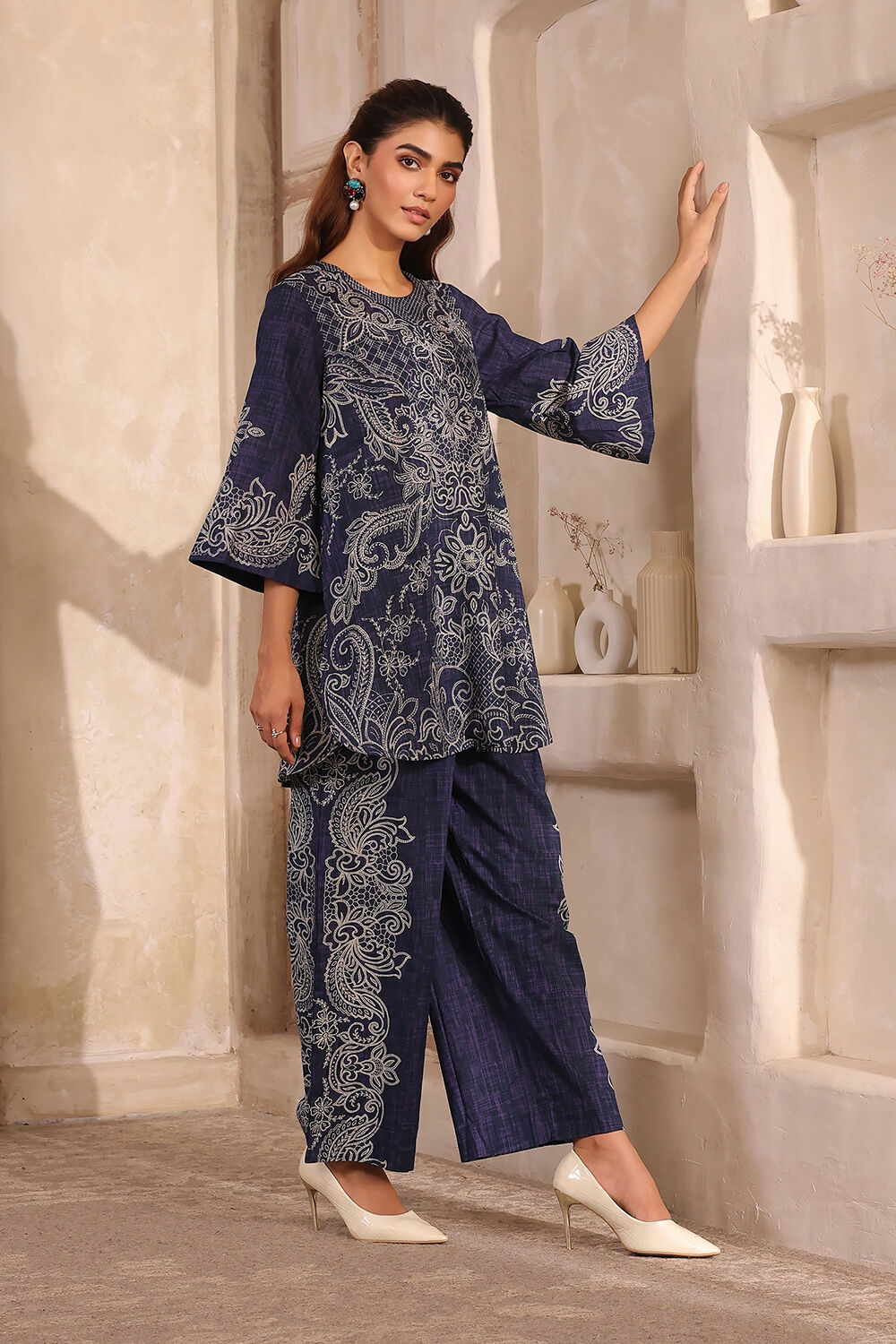 Blue Cotton Straight Printed Kurta Pants Set image number 5