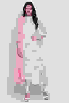 Off White Poly Cotton Flared Kurta Churidar Suit Set image number 0