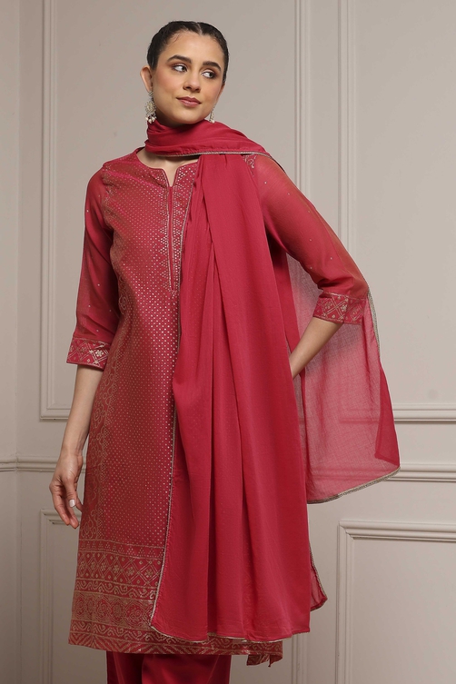 Pink Cotton Blend Printed Straight Suit Set image number 6
