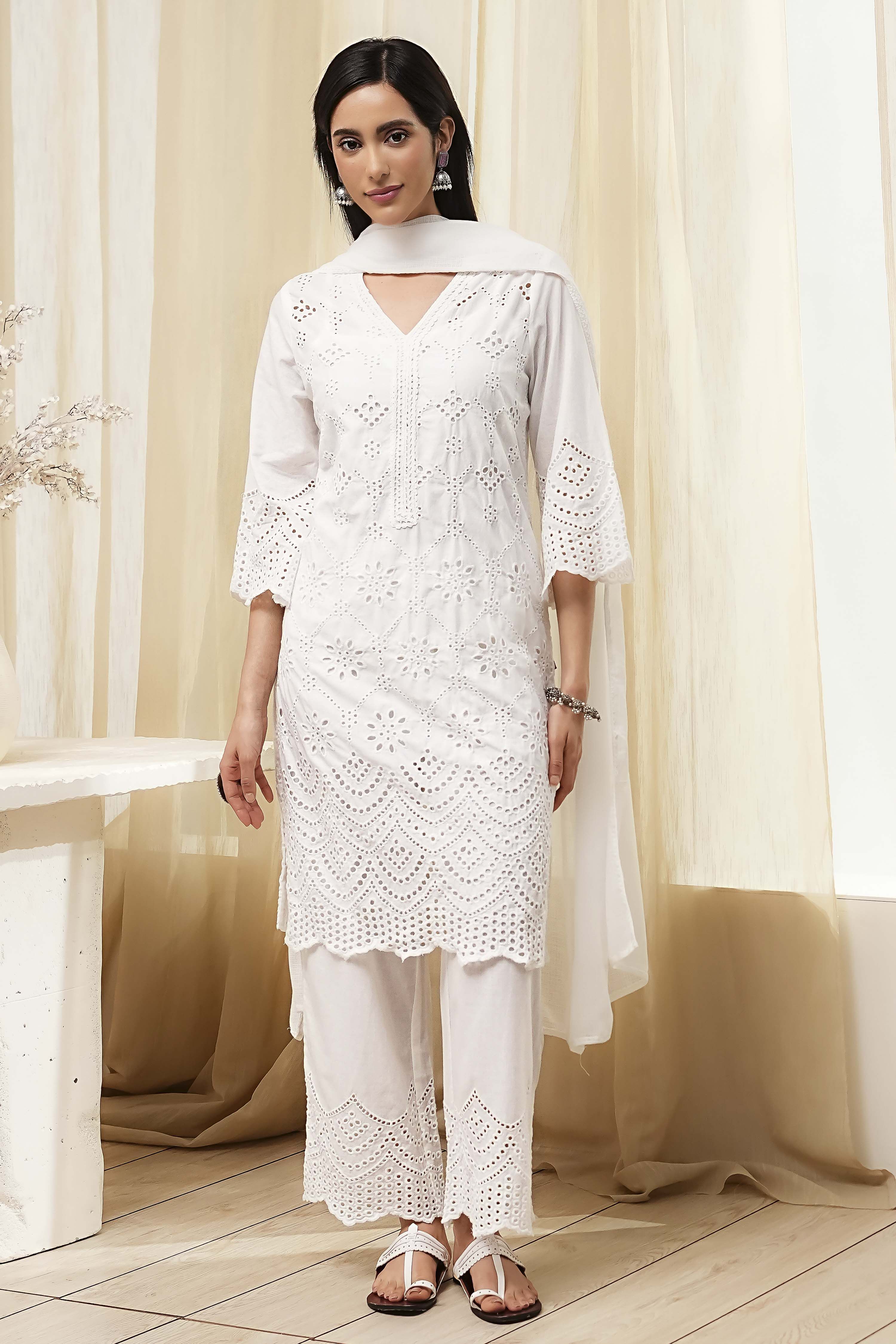 Pink Cotton Schiffli Straight Suit Set image number 6