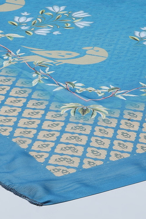 Blue Cotton Screen Print Unstitched Suit Set image number 4