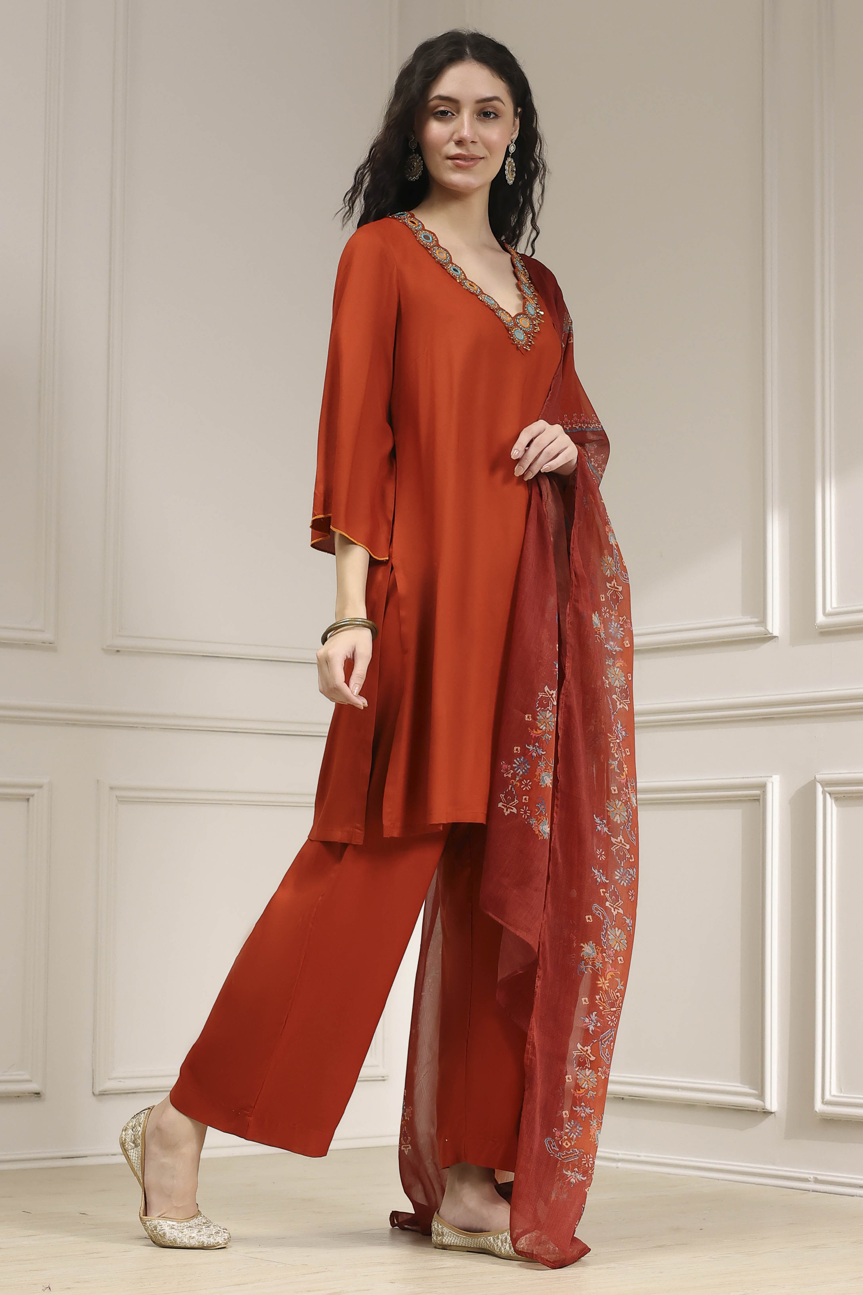 Burnt Orange Solid Relaxed Straight Suit Set image number 5