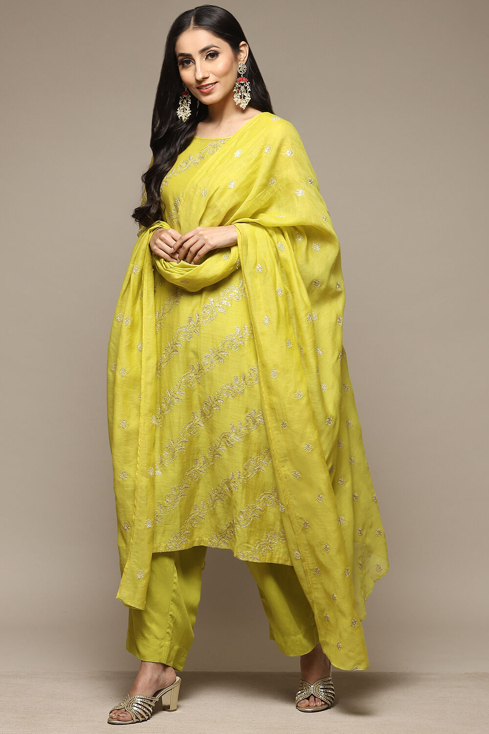 Florescent Green Cotton Blend Layered Kurta Palazzo Suit Set image number 0