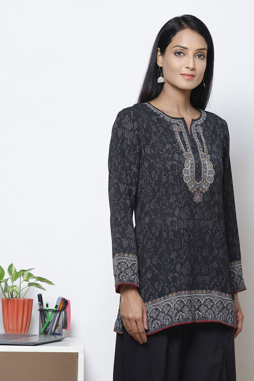 Black Straight Art Silk Short Printed Kurti image number 0