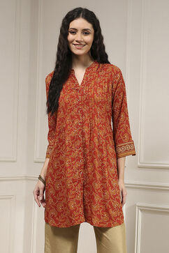 Rust Viscose Rayon Relaxed Printed Shirt image number 5