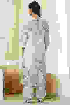 Off-White and Blue Cotton Straight Suit Set image number 4