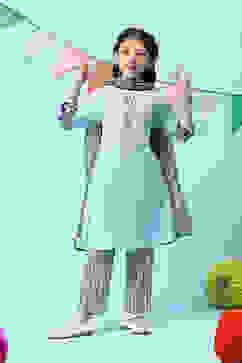 Powder Blue Cotton Kalidar Kurta Slim Pants Suit Set image number 0