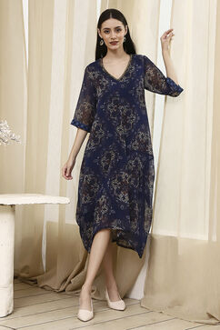 Blue Georgette Printed Asymmetric Dress image number 0