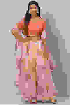 Coral Cream Poly Cotton Lehenga Set image number 0