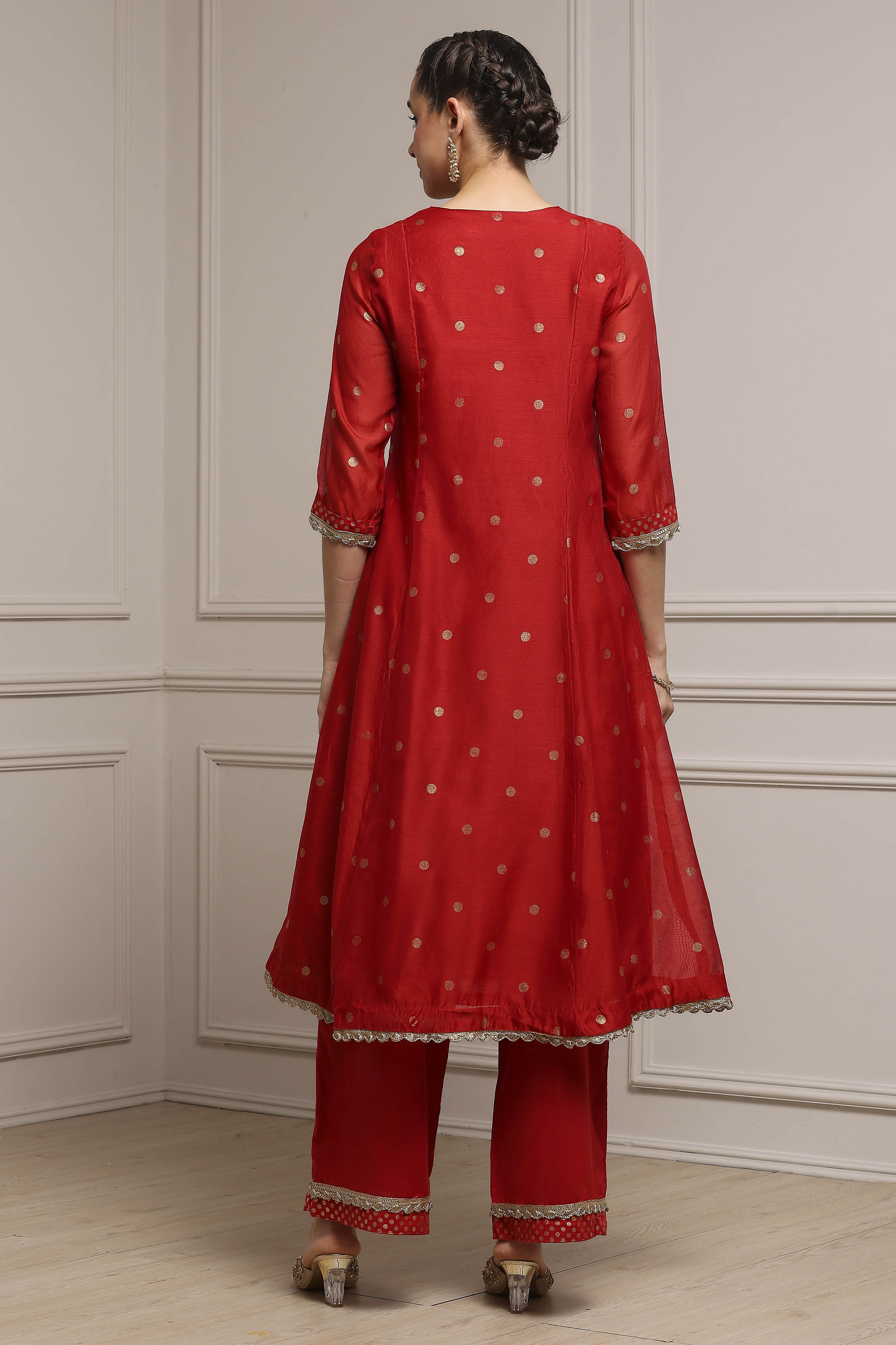 Red Polyester Kalidar Printed Suit Set image number 4