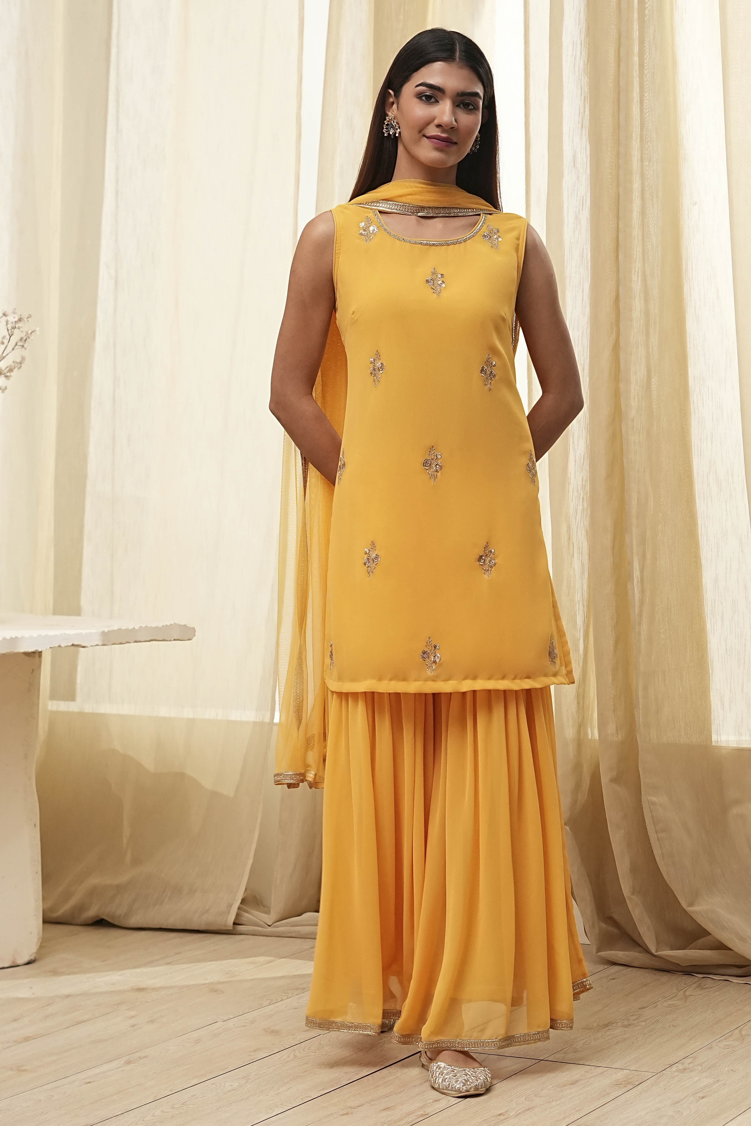 Ochre Yellow Embroidered Straight Suit Set image number 6