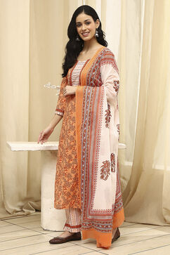 Peach-Colored Cotton Screen Print Unstitched Suit Set image number 4