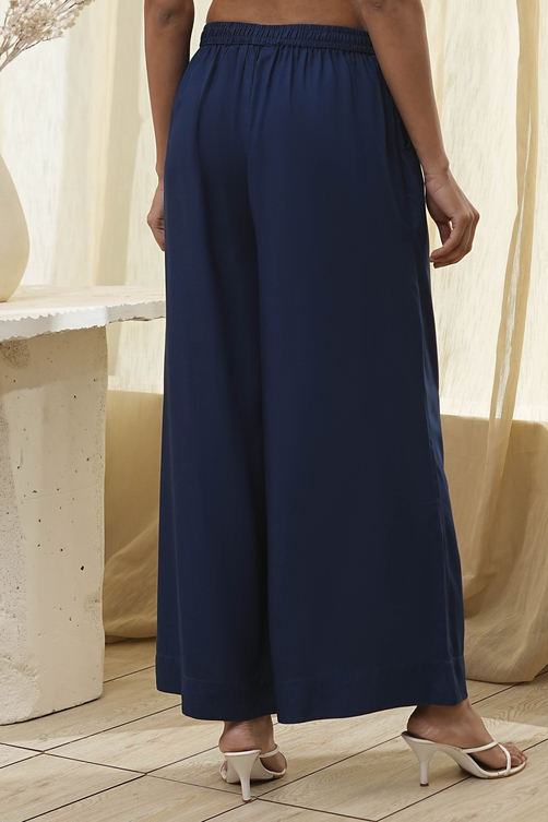 Navy Blue Viscose Solid Straight Palazzos image number 5