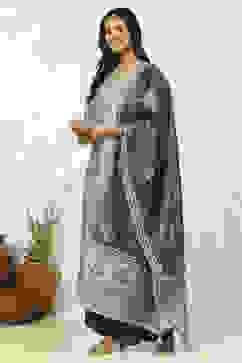 Grey Silk Blend Digital Print Unstitched Suit Set image number 4