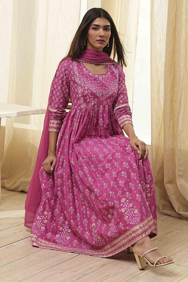 BIBA Onion Pink Cotton Anarkali Suit Set in Onion Pink